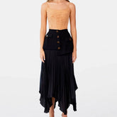 High Waist Panel Trim Button Up Pleated Midi Skirt - Black