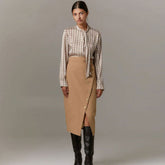 Split Front Button Down High Waist Wrap Midi Skirt - Khaki