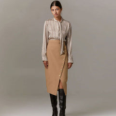 Split Front Button Down High Waist Wrap Midi Skirt - Khaki