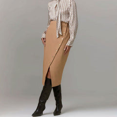 Split Front Button Down High Waist Wrap Midi Skirt - Khaki