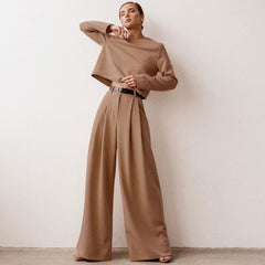 Long Sleeve Crop Top Wide Leg Pant Matching Set - Coffee