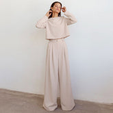 Long Sleeve Crop Top Wide Leg Pant Matching Set - Khaki