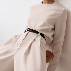 Long Sleeve Crop Top Wide Leg Pant Matching Set - Khaki