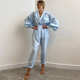 Peak Lapel Long Sleeve Linen Blazer Matching Set - Blue