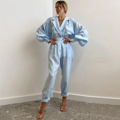 Peak Lapel Long Sleeve Linen Blazer Matching Set - Blue