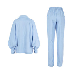 Peak Lapel Long Sleeve Linen Blazer Matching Set - Blue