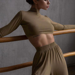 Long Sleeve Crop Top Wide Leg Pants Matching Set - Khaki
