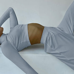 Long Sleeve Crop Top Wide Leg Pants Matching Set - Gray