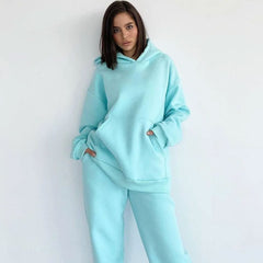 Patch Pocket Long Sleeve Hoodie Matching Set - Lake Blue