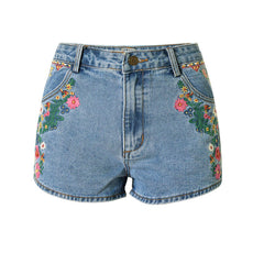 Floral Embroidered High Waist Denim Shorts - Blue
