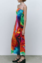 Bold Abstract Printed Summer Strapless Mesh Maxi Dress - Multicolor