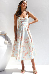 Breezy Tie Strap Fit & Flare Floral Printed Summer Midi Sundress - Apricot