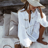 Long Sleeve Crochet Button Up Beach Cover Up - White