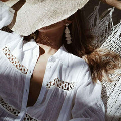 Long Sleeve Crochet Button Up Beach Cover Up - White