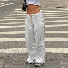 Casual Low Waist Drawstring Ruched Trim Baggy Cargo Pants - White
