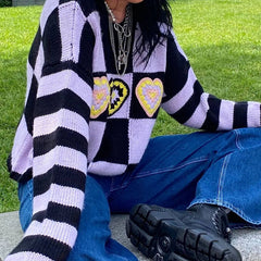 Heart Checkered Drop Shoulder Long Sleeve Sweater - Purple