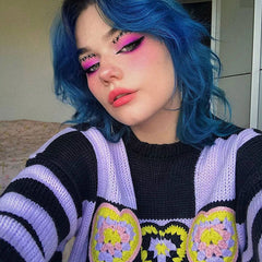 Heart Checkered Drop Shoulder Long Sleeve Sweater - Purple