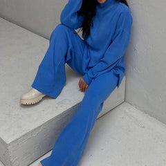 High Neck Pullover Sweater Wide Leg Pants Matching Set - Blue