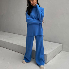 High Neck Pullover Sweater Wide Leg Pants Matching Set - Blue