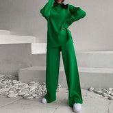 High Neck Pullover Sweater Wide Leg Pants Matching Set - Green