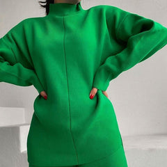High Neck Pullover Sweater Wide Leg Pants Matching Set - Green