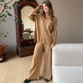 High Neck Pullover Sweater Wide Leg Pants Matching Set - Khaki