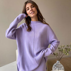 High Neck Pullover Sweater Wide Leg Pants Matching Set - Purple