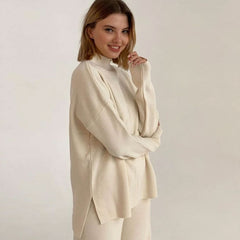 High Neck Pullover Sweater Wide Leg Pants Matching Set - Beige