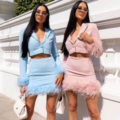 Long Sleeve Crop Blazer Feather Trim Mini Skirt Matching Set - Pink