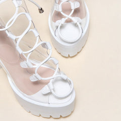 PVC Lace Up Peep Toe Lug Sole Chunky High Heel Platform Boots - White