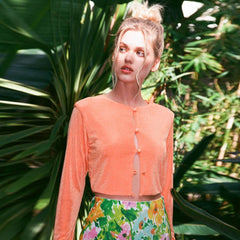 Round Neck Button Up Long Sleeve Crop Top - Burnt Orange