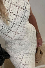 Chic Round Neck Sleeveless Crochet Knit Beach Vacatin Maxi Dress - Beige