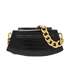Gold Tone Chunky Chain Croco Embossed Shoulder Bag - Black