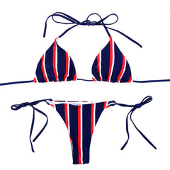 Striped Tie String Sliding Triangle Bikini Set - Dark Blue