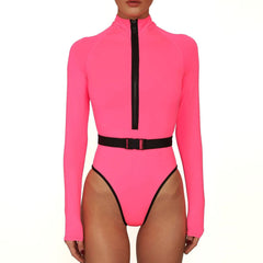 Long Sleeve Rash Guard One Piece Swimsuit - Neon Pink