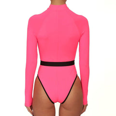 Long Sleeve Rash Guard One Piece Swimsuit - Neon Pink