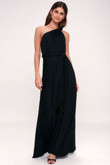 Convertible High Waist A-Line Infinity Maxi Bridesmaid Dress - Black