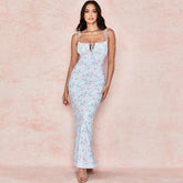 Printed Floss Strap Tied Bustier Slip Maxi Dress - Blue