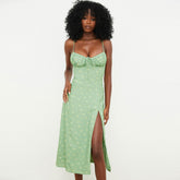 Printed Tied Bustier High Slit Slip Midi Dress - Light Green