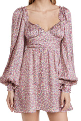 Ditsy Printed Sweetheart Puff Sleeve Babydoll Mini Dress - Pink