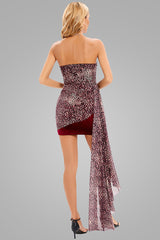 Draped Leopard Mesh Velvet Strapless Bodycon Mini Dress - Burgundy