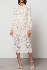 Elegant Round Neck Eyelash Bell Sleeve Sheath Lace Midi Dress - White