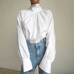 Fabulous Solid Color Ruched Bow Tie Trim High Neck Long Sleeve Blouse - White