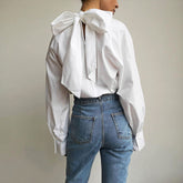 Fabulous Solid Color Ruched Bow Tie Trim High Neck Long Sleeve Blouse - White