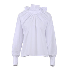 Fabulous Solid Color Ruched Bow Tie Trim High Neck Long Sleeve Blouse - White