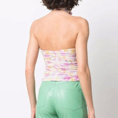 Floral Appliqu Drawstring Choker Cutout Detail Ruched Halter Crop Top - Pink