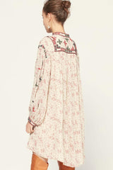 Floral Embroidered Long Sleeve Beach Vacation Midi Dress - Cream