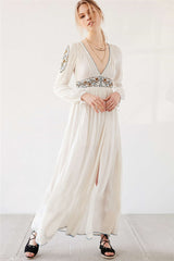 Floral Embroidered Long Sleeve Boho Chic Maxi Dress - White