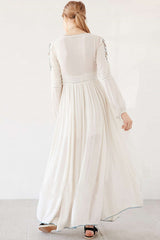 Floral Embroidered Long Sleeve Boho Chic Maxi Dress - White