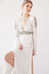 Floral Embroidered Long Sleeve Boho Chic Maxi Dress - White